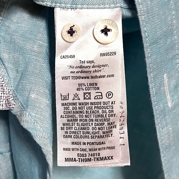Ted Baker Mens Shirt Linen Blend Button Down Iridescent Blue Large Beach Preppy - Picture 11 of 13